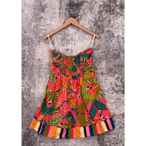 Farm Rio Dress Medium Womens Graphic Macaws Coral Tie Front Strapless Mini - Picture 3 of 8